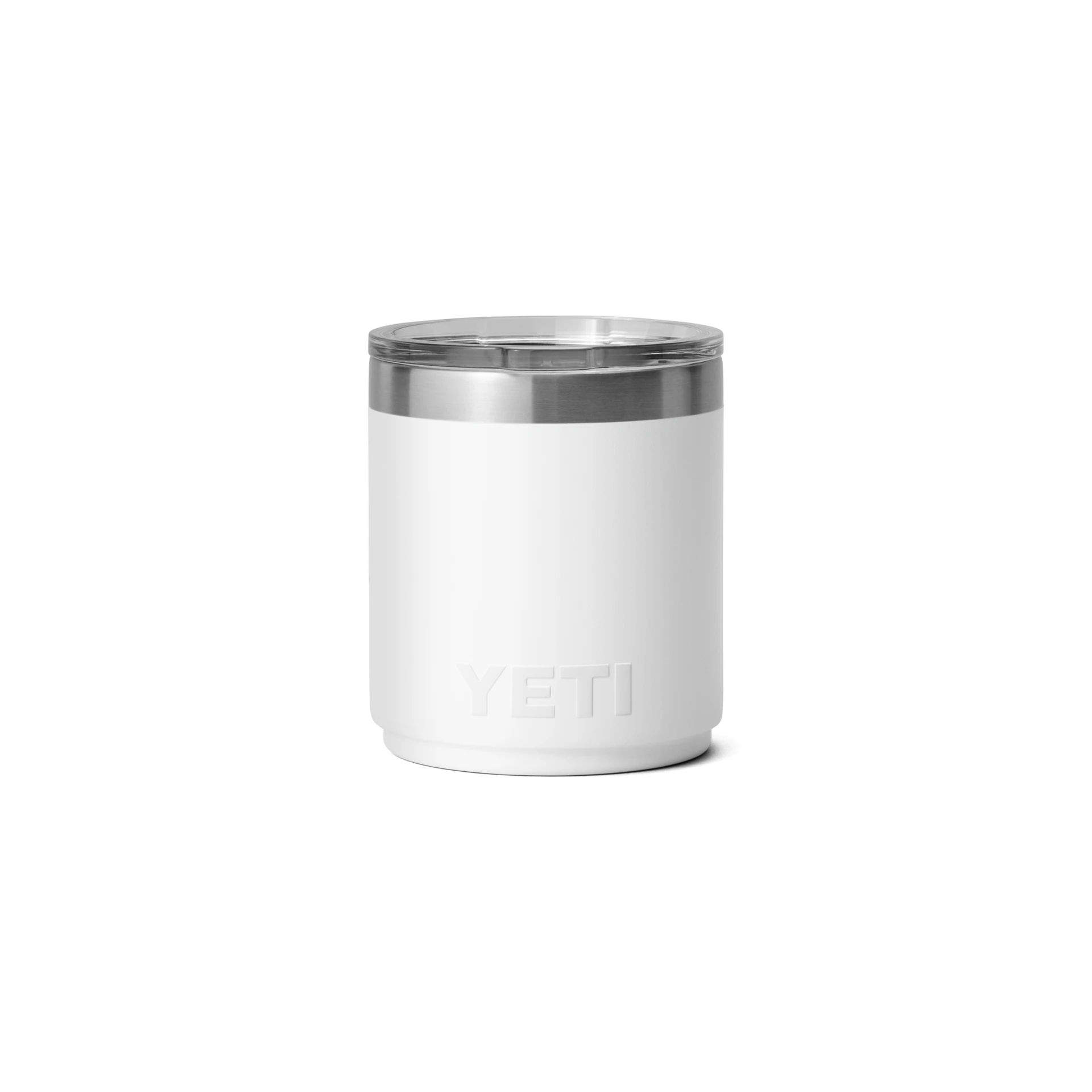 BirdieBox YETI Rambler 10 oz white stackable lowball tumbler with stainless steel rim and lid.