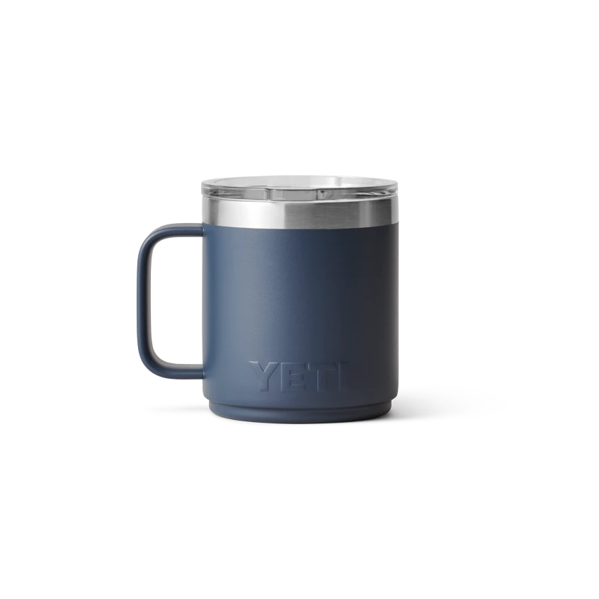 BirdieBox YETI Rambler 10 oz navy blue stackable ceramic-lined mug with MagSlider lid and welded handle.