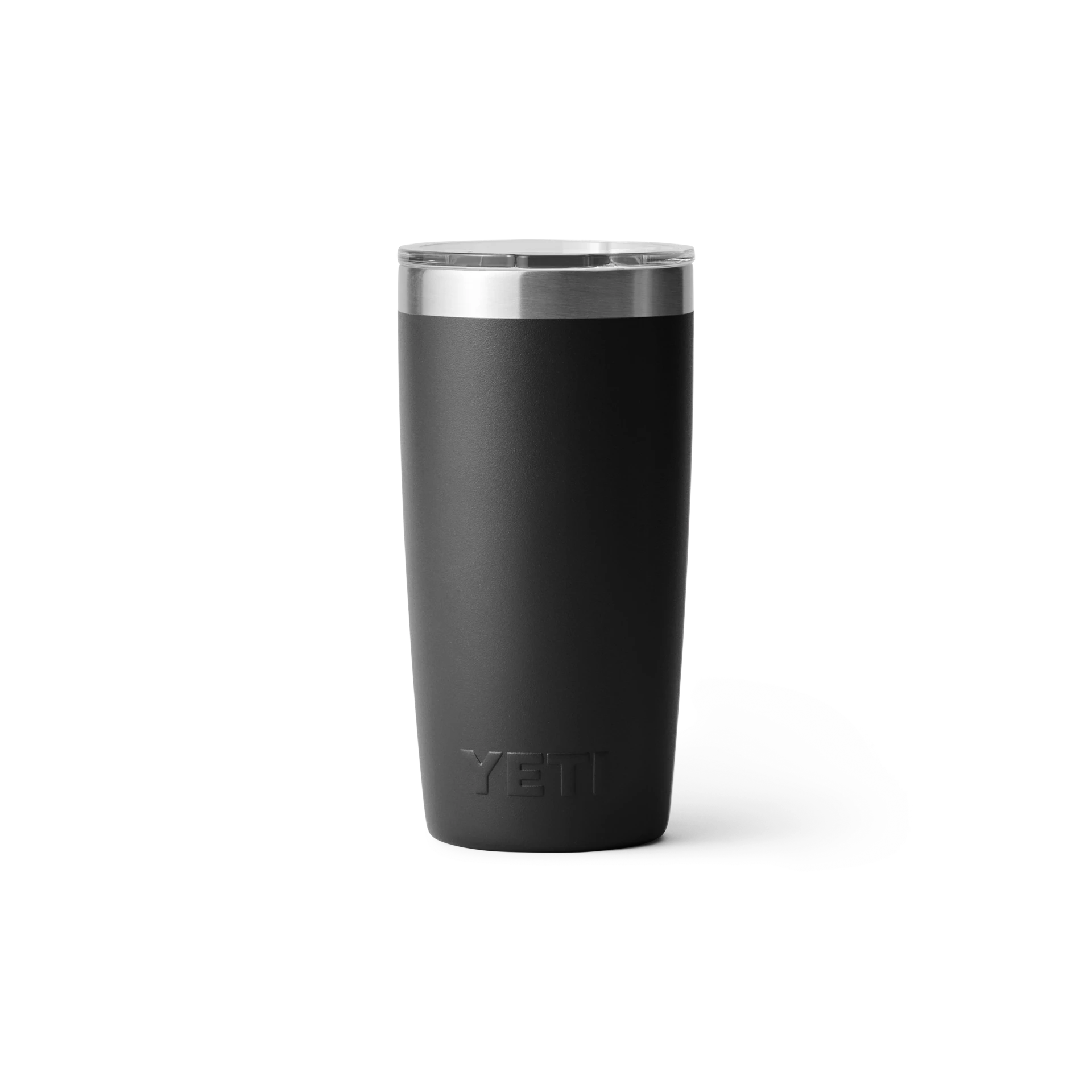 BirdieBox YETI Rambler 10 oz black tumbler with stainless steel rim, double-wall vacuum insulated for hot or cold drinks.