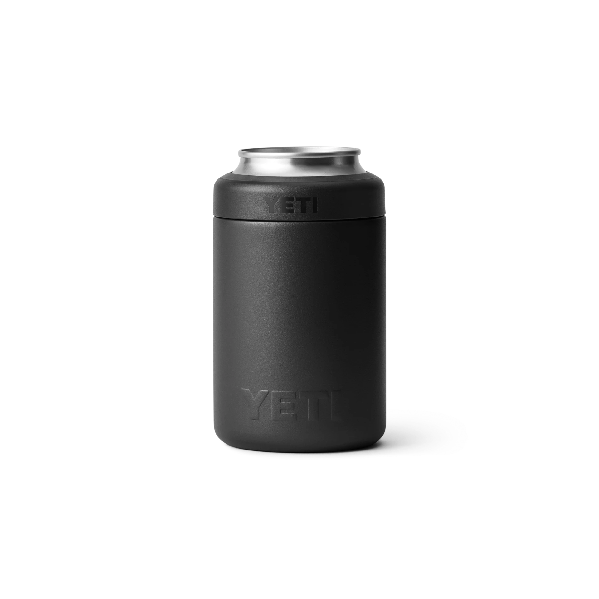 BirdieBox YETI Rambler 12 oz black stainless steel can cooler with no sweat design and quick turn gasket.