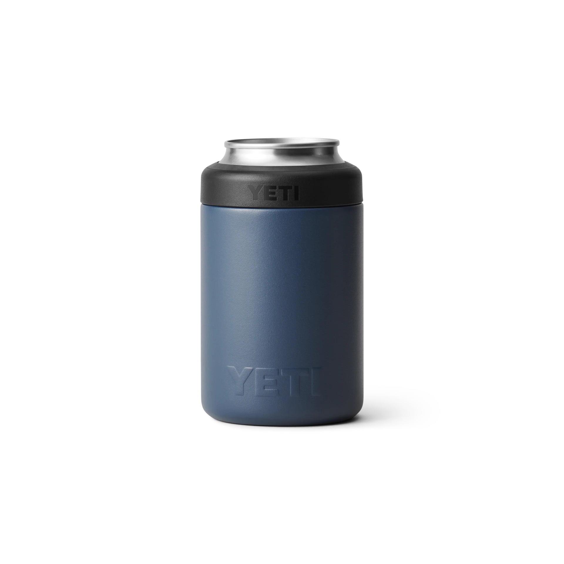 BirdieBox YETI Rambler 12 oz navy blue can cooler with no sweat design and quick turn gasket. Fits most cup holders.