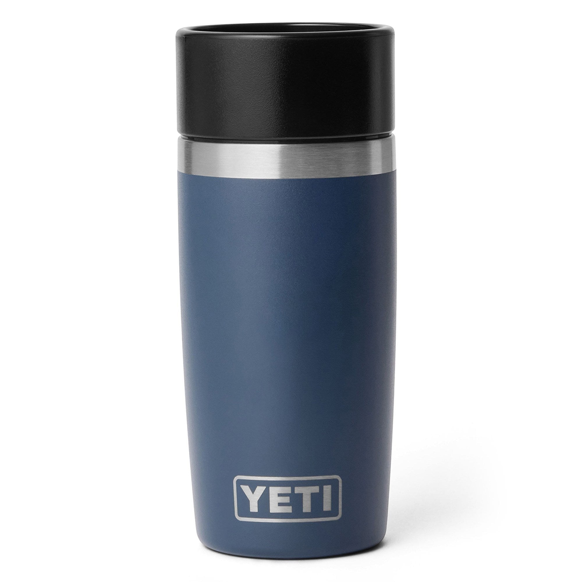 BirdieBox YETI Rambler 12 oz navy blue travel bottle with black lid and silver accent band.