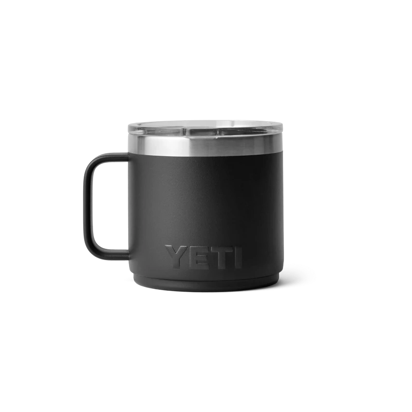 BirdieBox YETI Rambler 14 oz black stackable camp mug with MagSlider lid and welded handle.