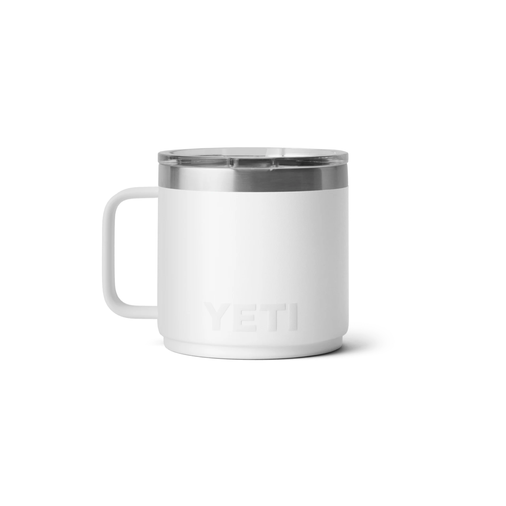 BirdieBox YETI Rambler 14 oz white stackable camp mug with MagSlider lid and welded handle.
