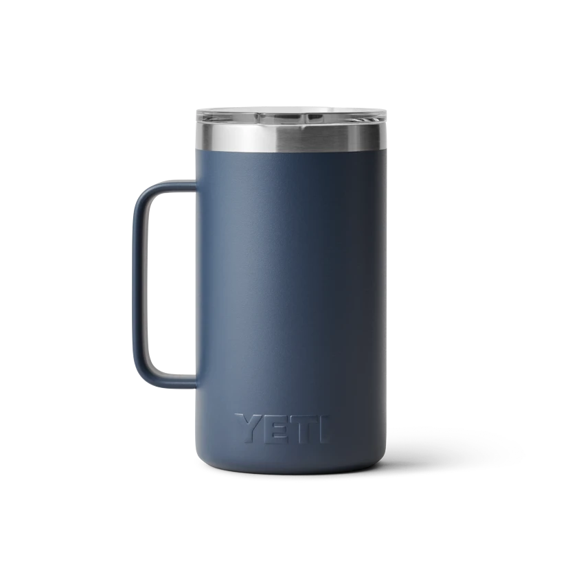 BirdieBox YETI Rambler 24 oz navy blue insulated mug with MagSlider lid and easy grip handle.
