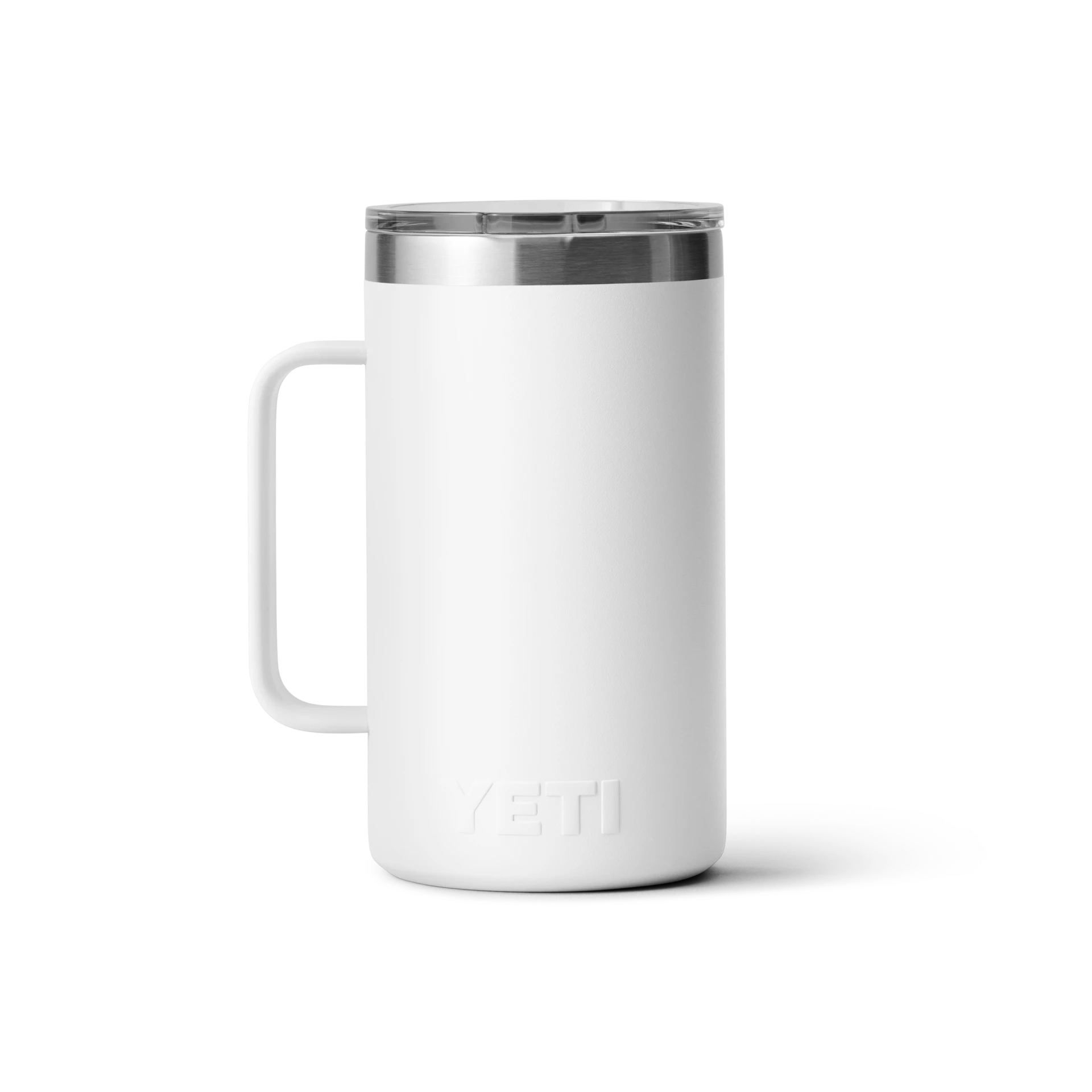 BirdieBox YETI Rambler 24 oz white stainless steel mug with MagSlider lid and easy grip handle.