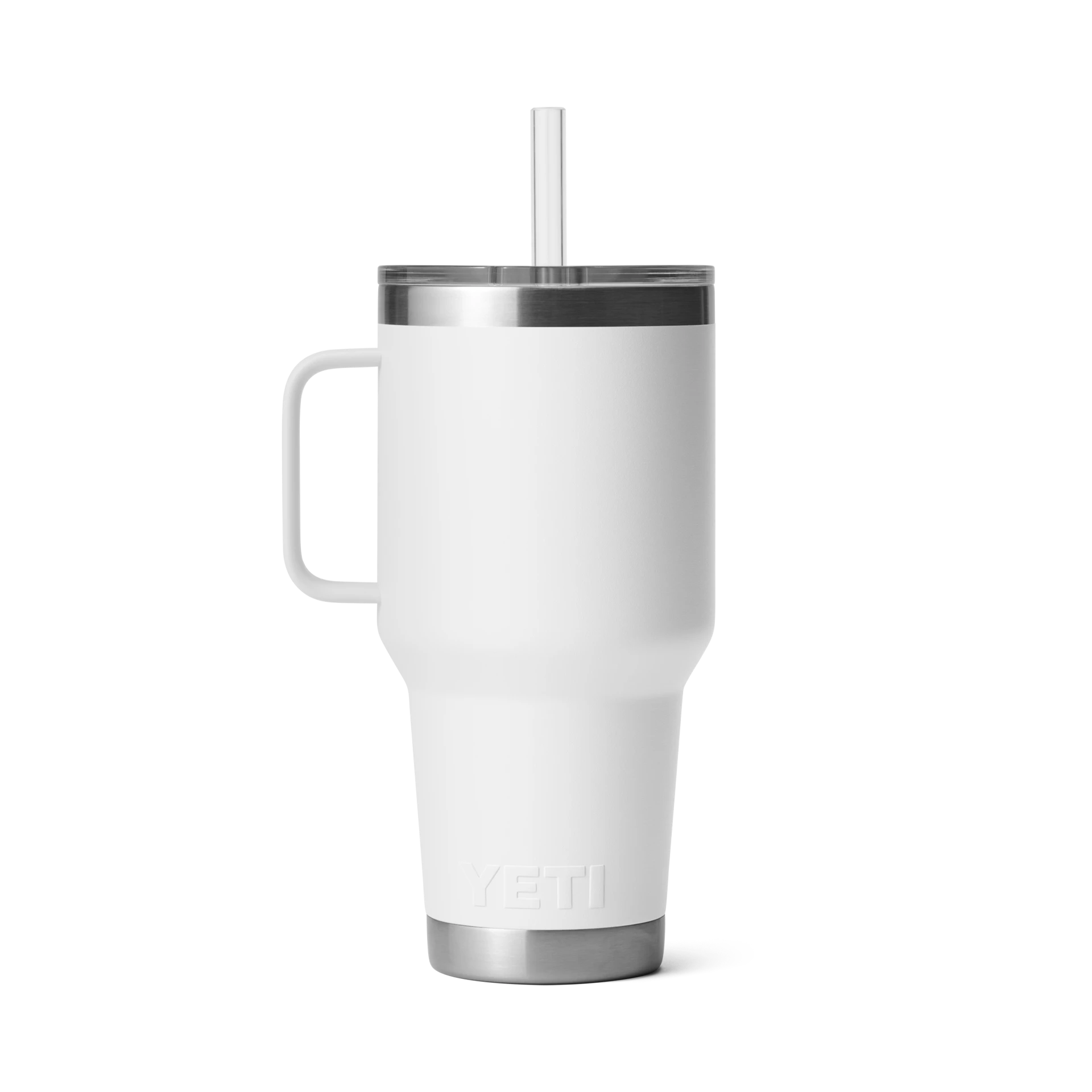 BirdieBox YETI Rambler 35 oz white insulated tumbler with handle and straw lid. Double-wall vacuum insulated stainless steel.
