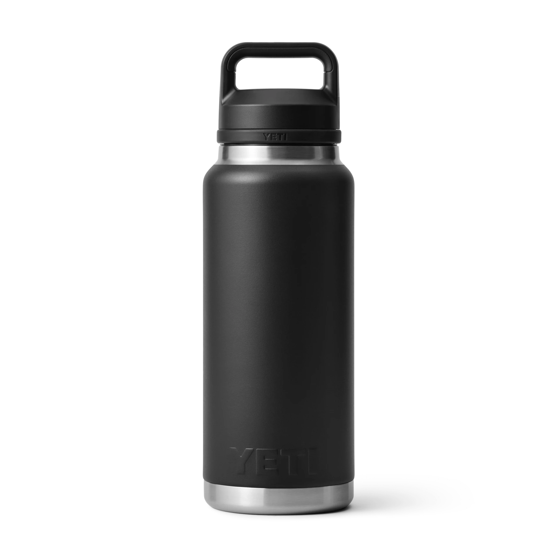 BirdieBox YETI Rambler 36 oz black stainless steel water bottle with chug cap and handle. Double-wall vacuum insulated.