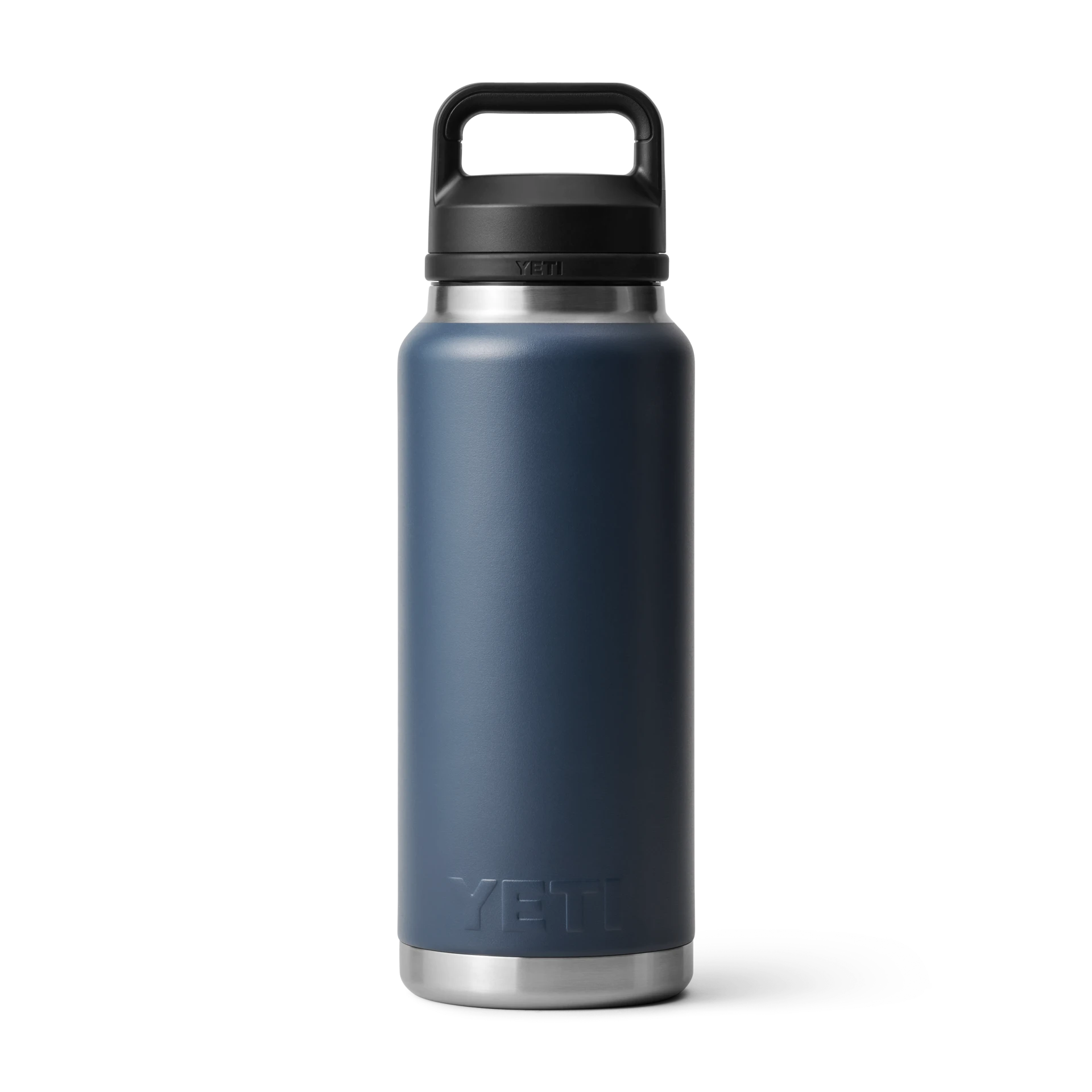 BirdieBox YETI Rambler 36 oz navy blue stainless steel water bottle with chug cap and handle.