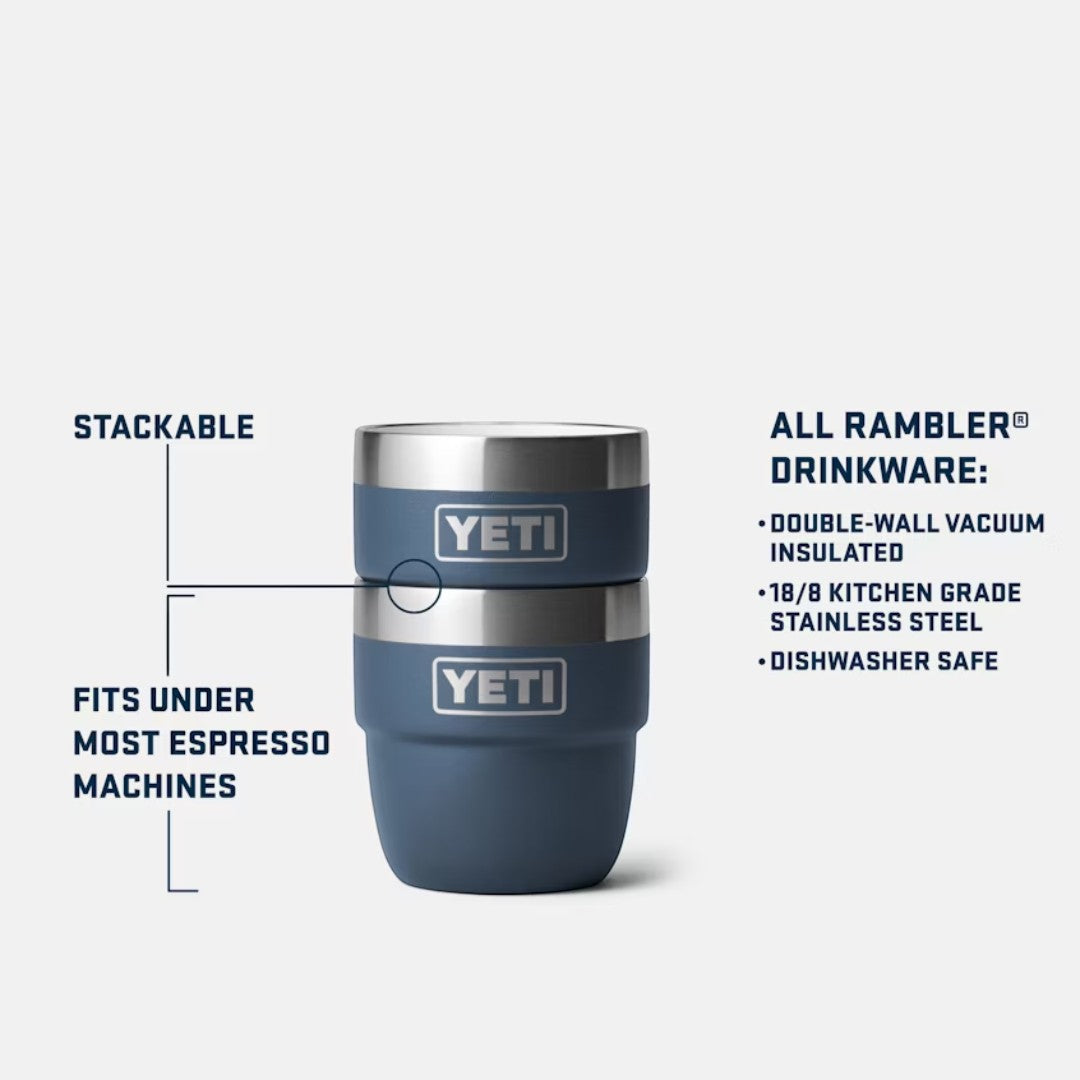BirdieBox YETI Rambler 4 oz stackable espresso cups in navy blue, made of stainless steel. Pack of 2.