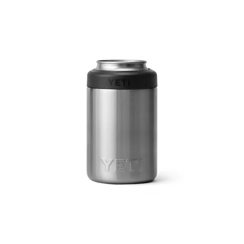 BirdieBox YETI Rambler 12 oz stainless steel can cooler with black no-sweat grip and quick-turn gasket.
