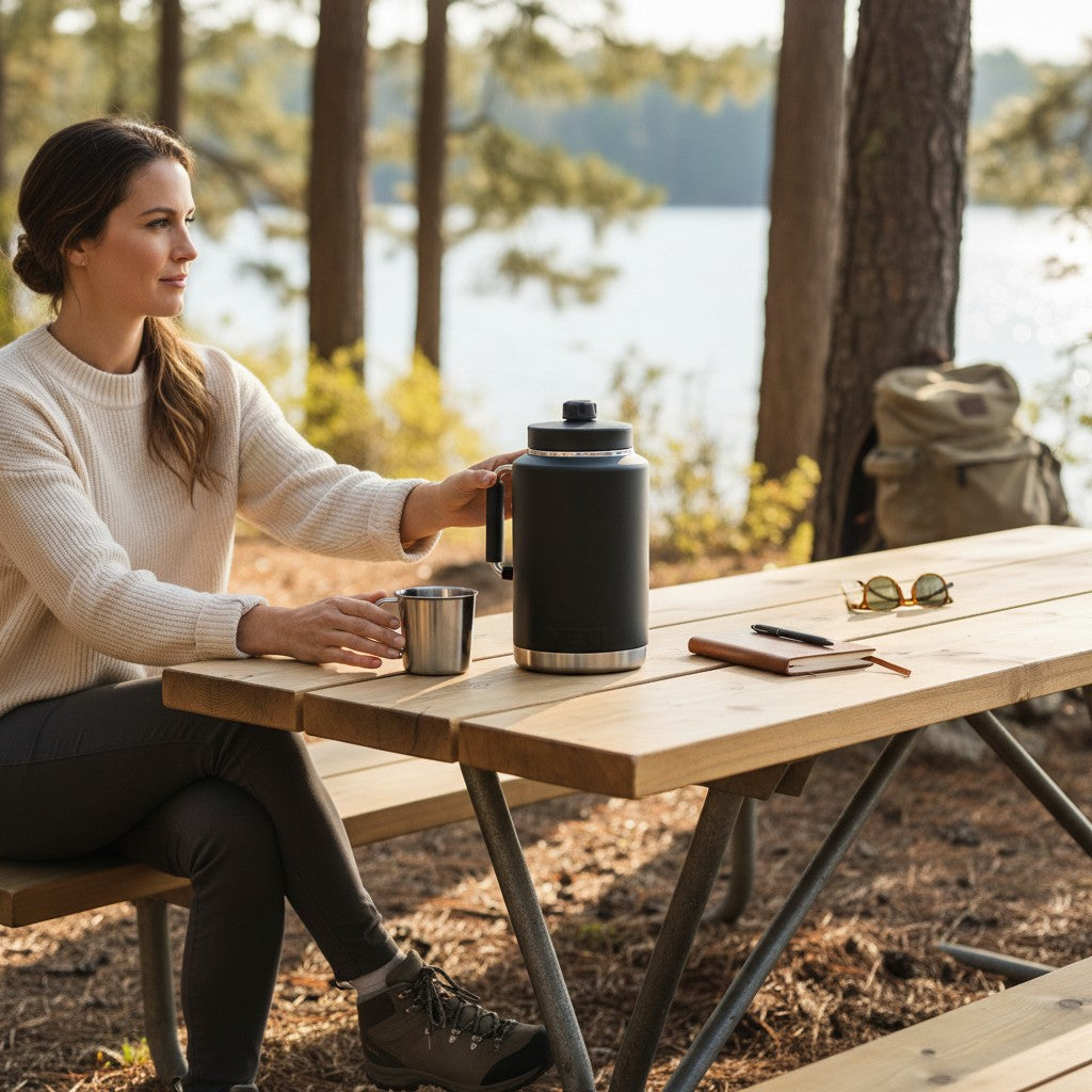 BirdieBox YETI Rambler One Gallon Jug in matte black with stainless steel accents and handle. Features a leakproof cap and double-wall vacuum insulation.
