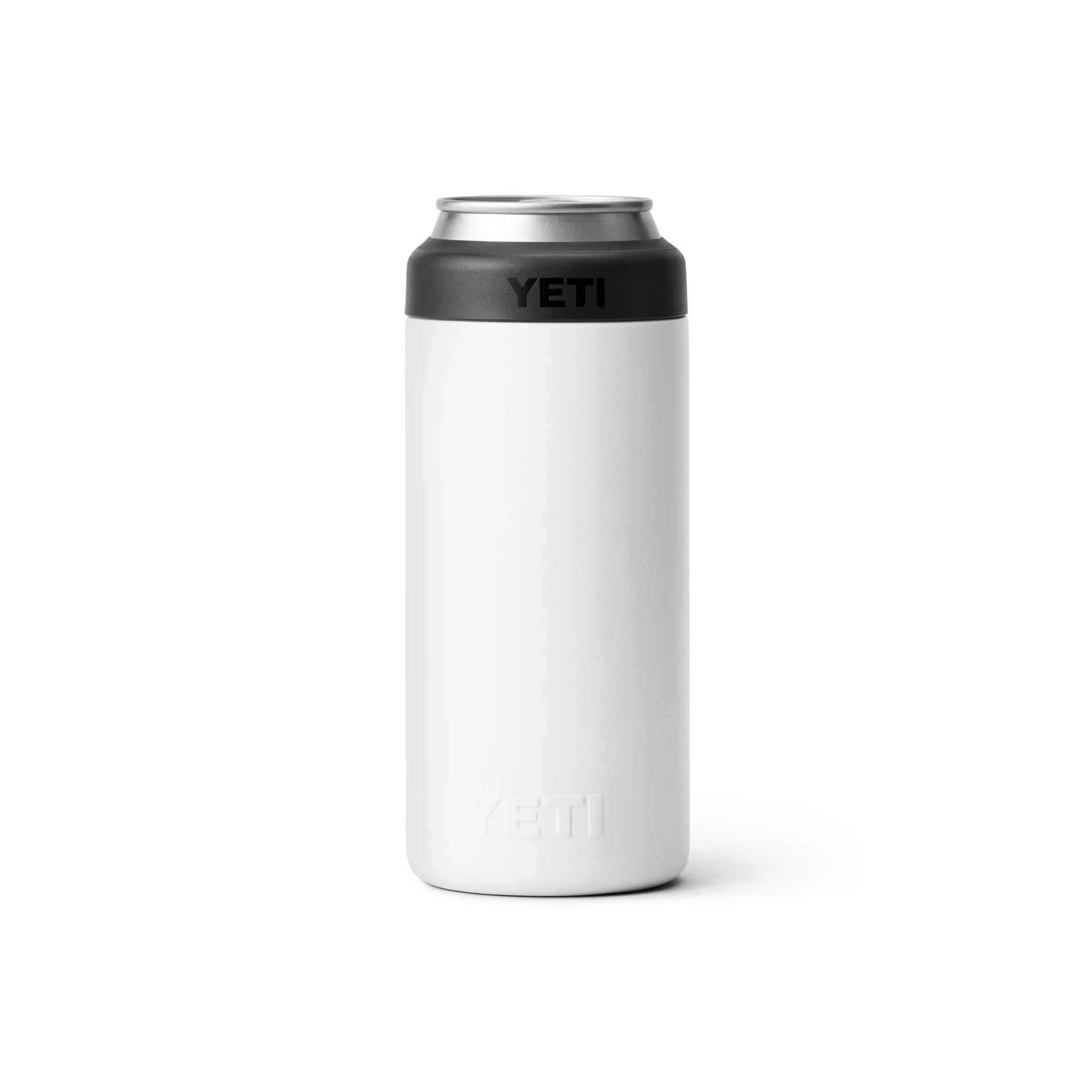 BirdieBox YETI Rambler 12 oz white slim can cooler with black top and silver rim. No sweat design.