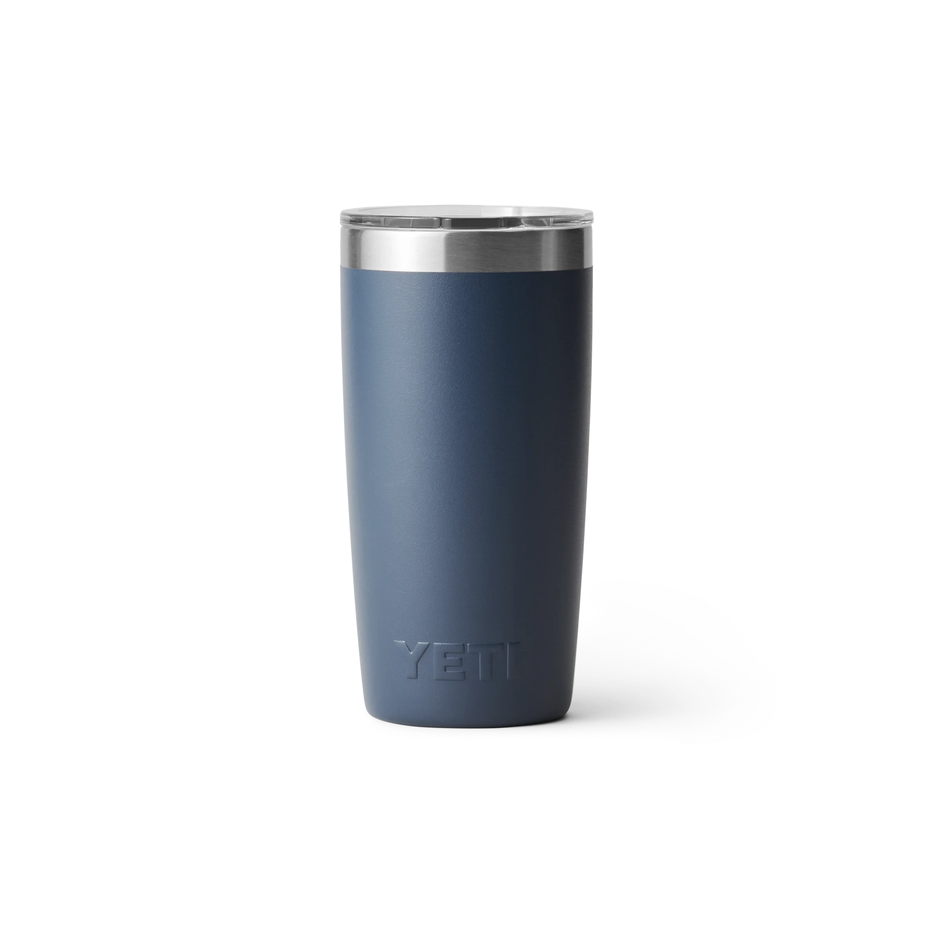 BirdieBox YETI Rambler 10 oz navy blue stainless steel tumbler with silver rim, cupholder compatible, splash resistant.