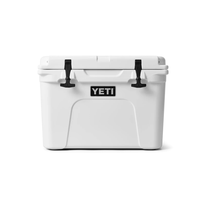 BirdieBox YETI Tundra 35 white hard cooler with black latches and logo. Fits 39 cans.