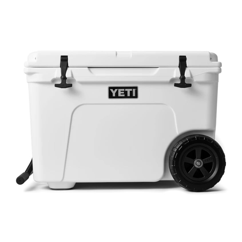 BirdieBox YETI Tundra Haul white wheeled cooler with black latches and handle, perfect for tailgating and picnics.