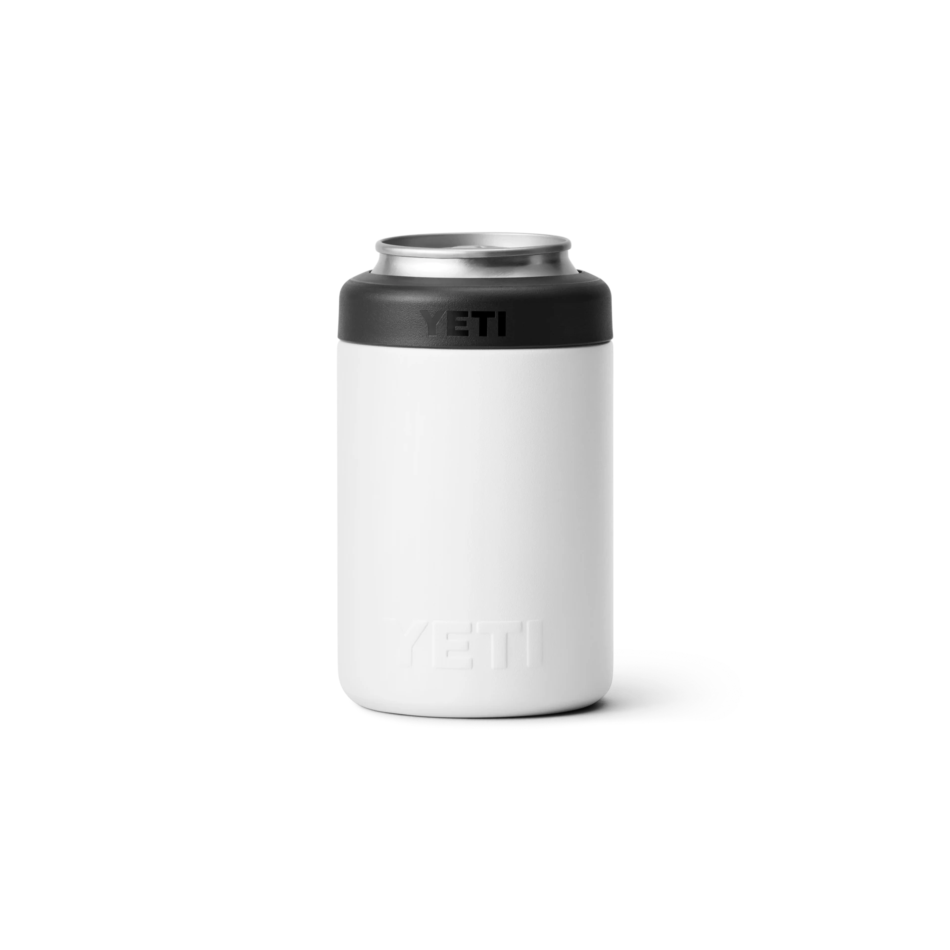 BirdieBox YETI Rambler 12 oz white can cooler with black lid, no sweat design, fits most cup holders.