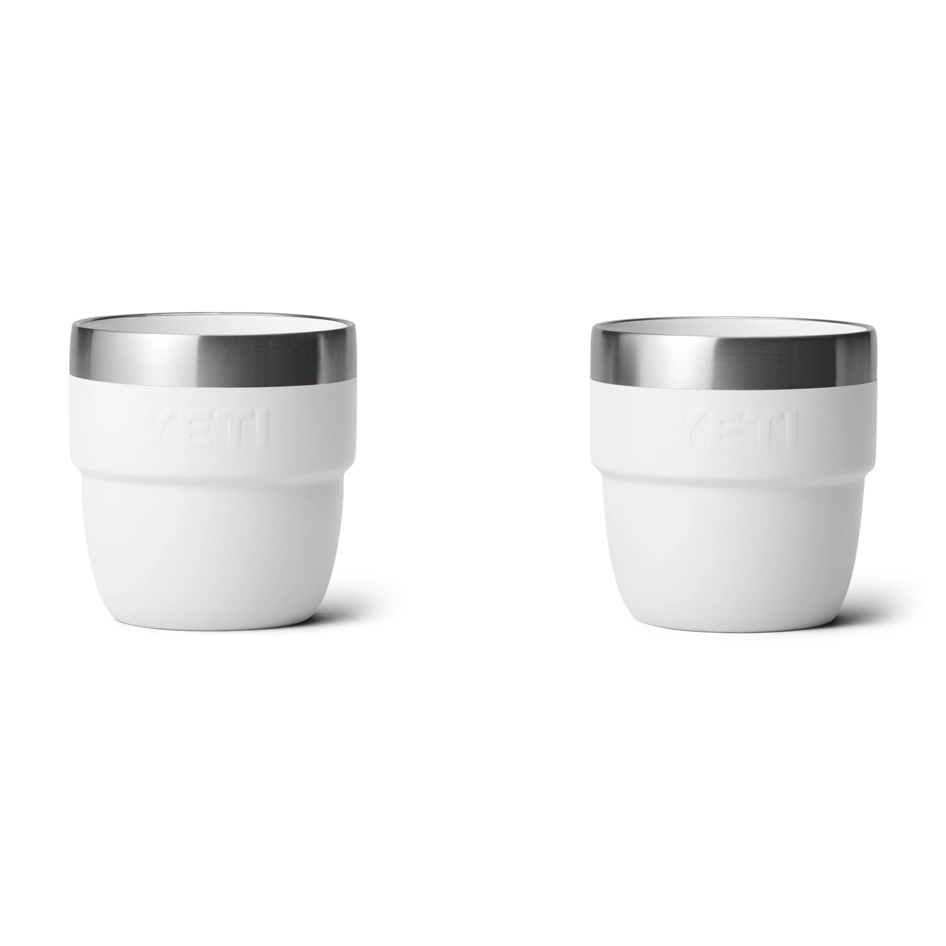 BirdieBox YETI Rambler 4 oz white stackable espresso cups with stainless steel rim, pack of 2.