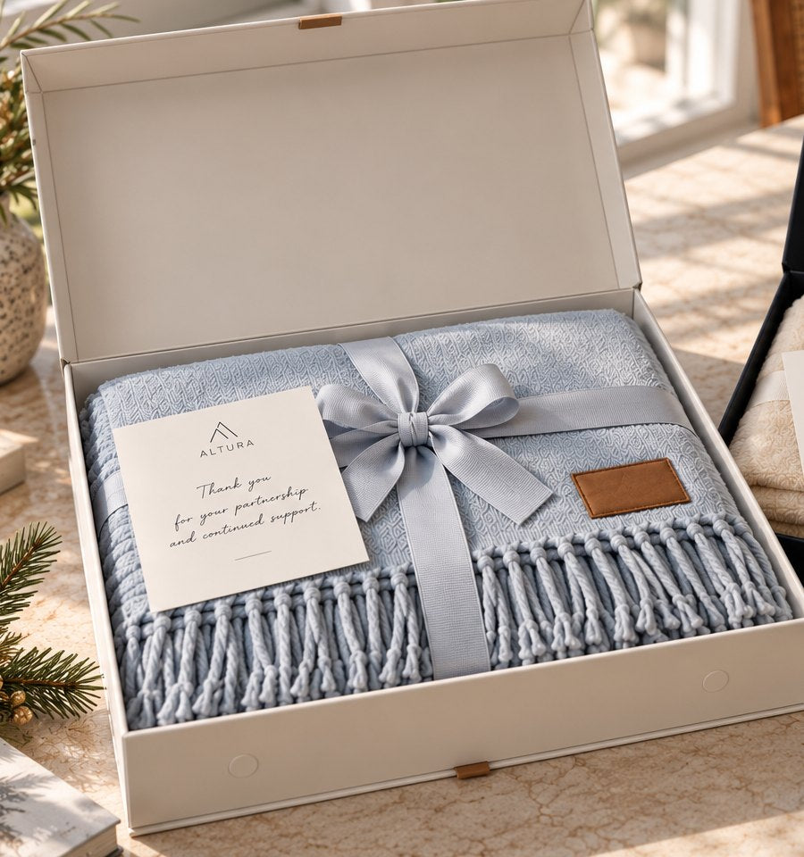 Fringed Herringbone Throw in a white soft-touch magnetic gift box